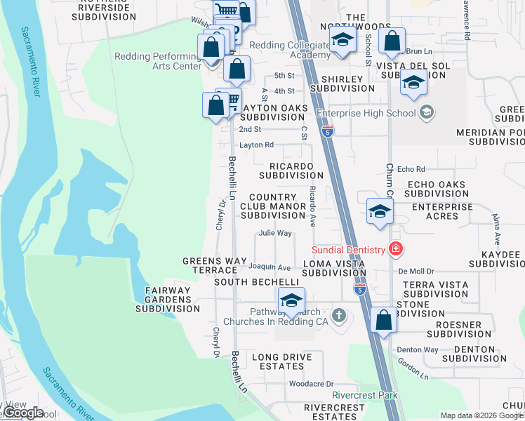 map of restaurants, bars, coffee shops, grocery stores, and more near 581-597 Terrace Drive in Redding