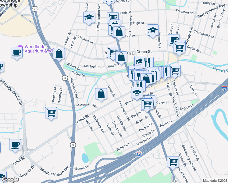 map of restaurants, bars, coffee shops, grocery stores, and more near 20 Dixon Drive in Woodbridge Township