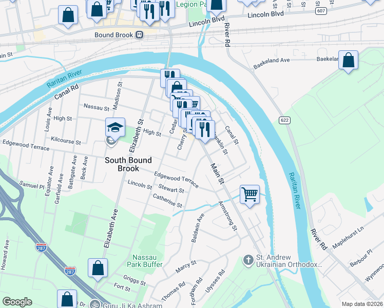 map of restaurants, bars, coffee shops, grocery stores, and more near 114 West warren Street in South Bound Brook