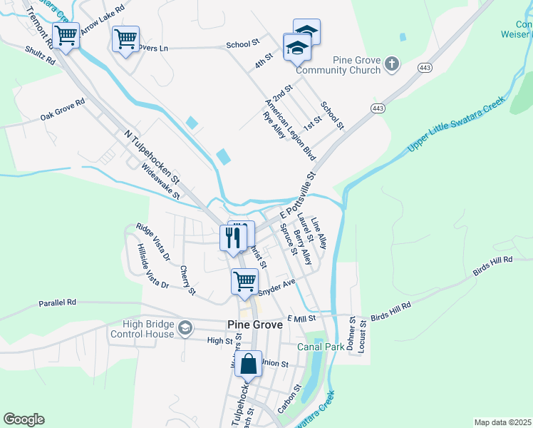 map of restaurants, bars, coffee shops, grocery stores, and more near 43 East Pottsville Street in Pine Grove