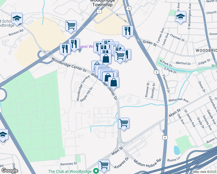 map of restaurants, bars, coffee shops, grocery stores, and more near Woodbridge Center Drive in Woodbridge Township