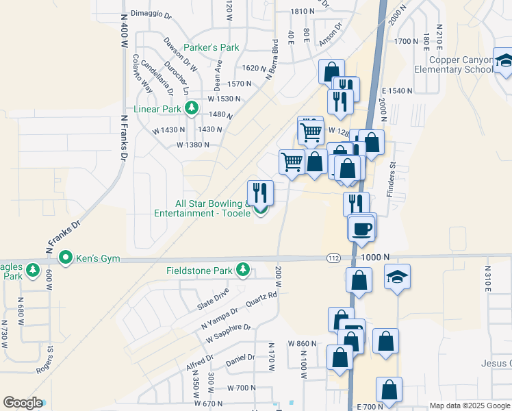 map of restaurants, bars, coffee shops, grocery stores, and more near 1166 North 220 West in Tooele