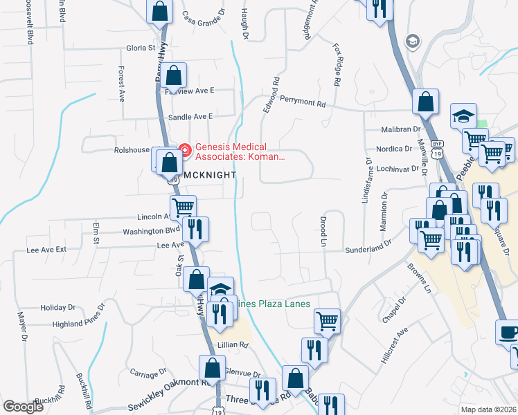 map of restaurants, bars, coffee shops, grocery stores, and more near 224 Dombey Drive in Pittsburgh