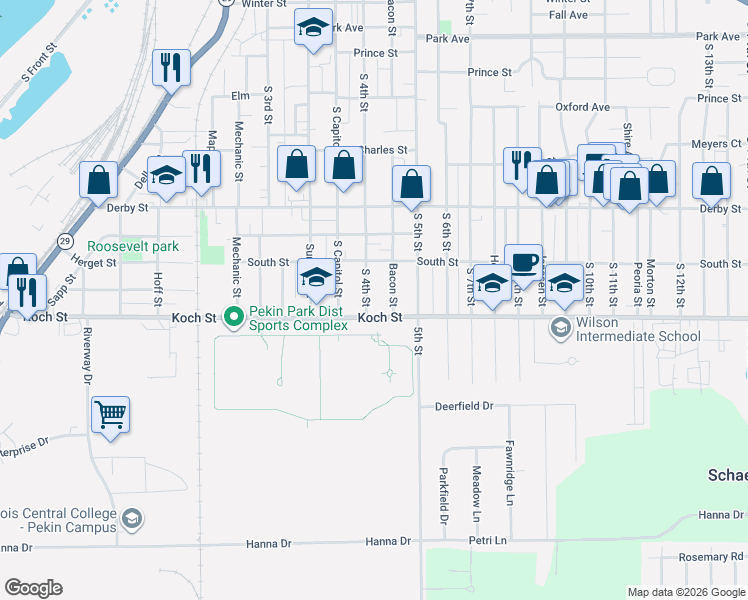 map of restaurants, bars, coffee shops, grocery stores, and more near 1506 S 4th St in Pekin