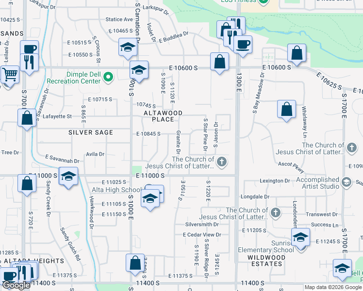 map of restaurants, bars, coffee shops, grocery stores, and more near 10889 Granite Drive in Sandy