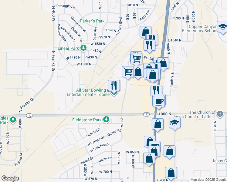 map of restaurants, bars, coffee shops, grocery stores, and more near 231 West 1160 North in Tooele