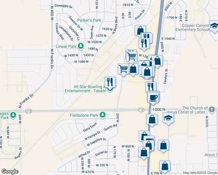 map of restaurants, bars, coffee shops, grocery stores, and more near 231 West 1160 North in Tooele