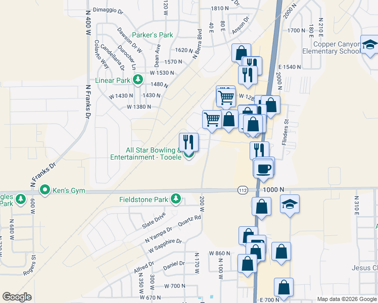 map of restaurants, bars, coffee shops, grocery stores, and more near 231 West 1160 North in Tooele