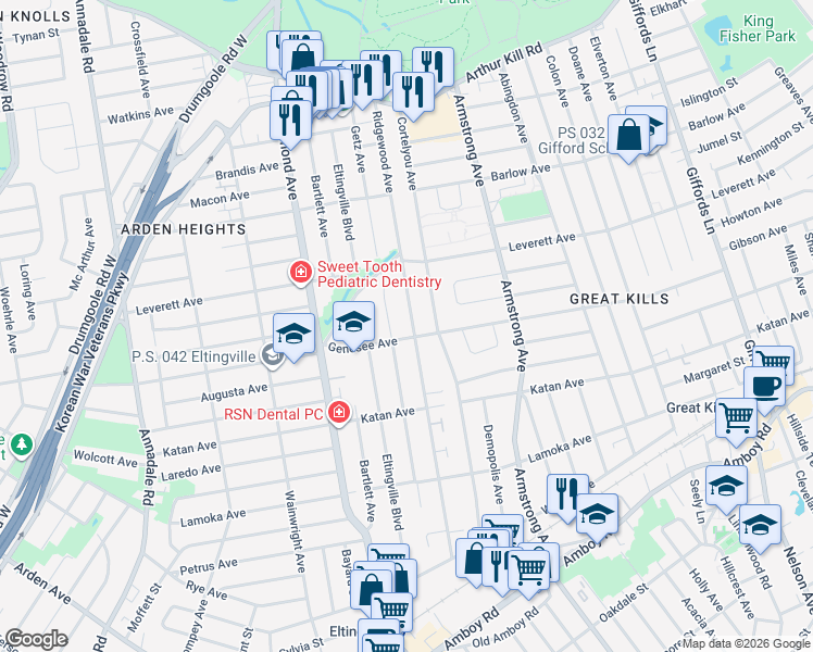 map of restaurants, bars, coffee shops, grocery stores, and more near 265 Ridgewood Avenue in Staten Island