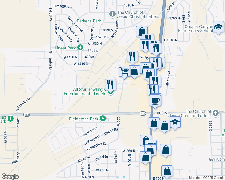 map of restaurants, bars, coffee shops, grocery stores, and more near 221 West 1160 North in Tooele