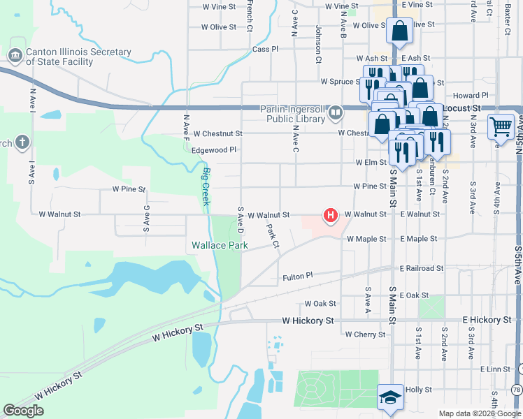 map of restaurants, bars, coffee shops, grocery stores, and more near 320-398 West Pine Street in Canton