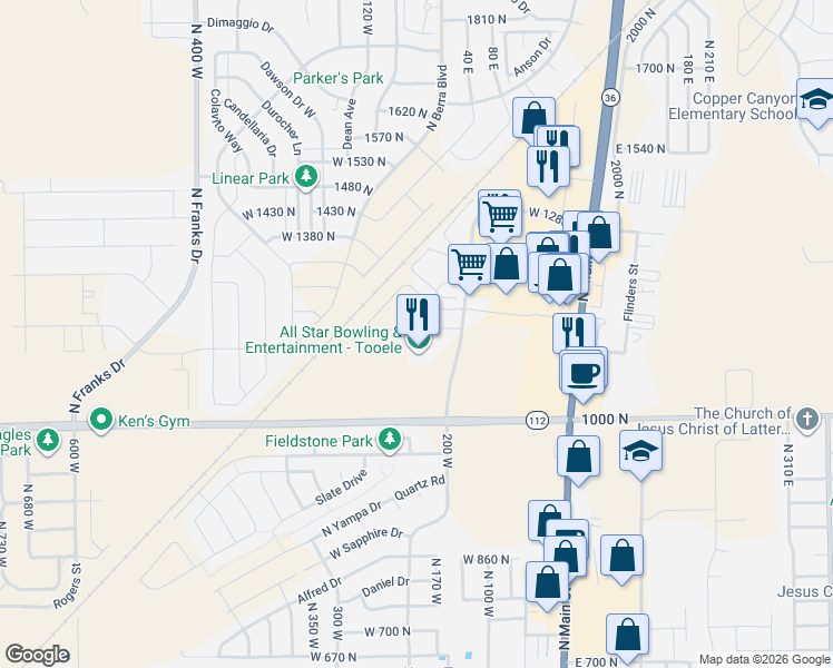 map of restaurants, bars, coffee shops, grocery stores, and more near 231 West 1160 North in Tooele