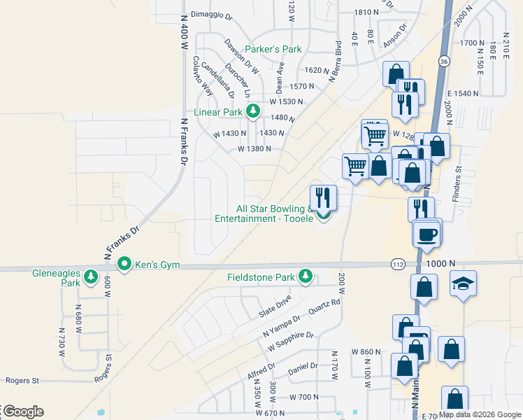 map of restaurants, bars, coffee shops, grocery stores, and more near 1182 North Berra Boulevard in Tooele