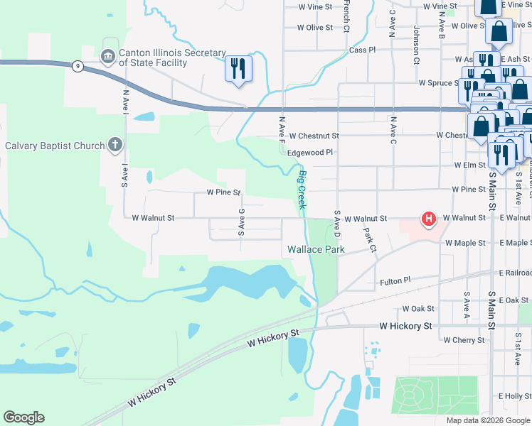 map of restaurants, bars, coffee shops, grocery stores, and more near 621 West Walnut Street in Canton