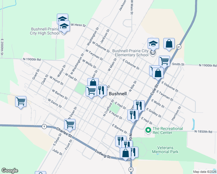 map of restaurants, bars, coffee shops, grocery stores, and more near 600 East Main Street in Bushnell