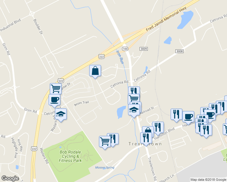 map of restaurants, bars, coffee shops, grocery stores, and more near 7815 Red Hawk Court in Breinigsville