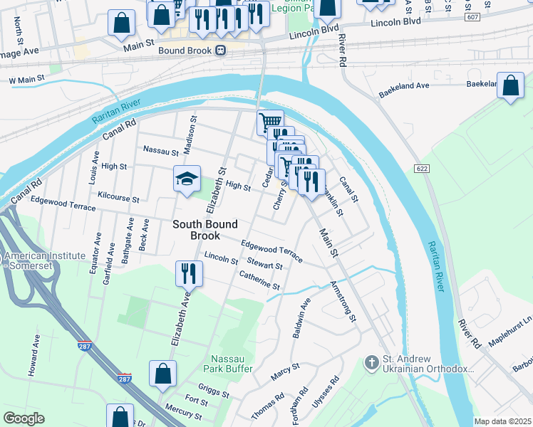 map of restaurants, bars, coffee shops, grocery stores, and more near 86 Jefferson Street in South Bound Brook