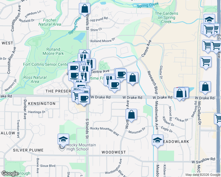 map of restaurants, bars, coffee shops, grocery stores, and more near 902 Worthington Circle in Fort Collins