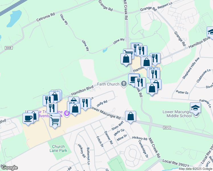 map of restaurants, bars, coffee shops, grocery stores, and more near 6636 Hamilton Boulevard in Allentown