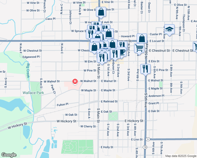 map of restaurants, bars, coffee shops, grocery stores, and more near 180 South Main Street in Canton