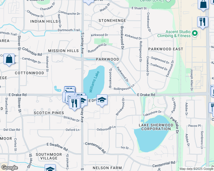 map of restaurants, bars, coffee shops, grocery stores, and more near 2409 Brookwood Drive in Fort Collins