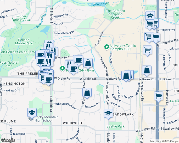 map of restaurants, bars, coffee shops, grocery stores, and more near 702 West Drake Road in Fort Collins