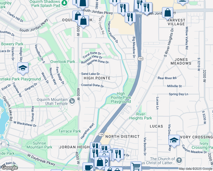 map of restaurants, bars, coffee shops, grocery stores, and more near 10961 Samoa Dune Drive in South Jordan