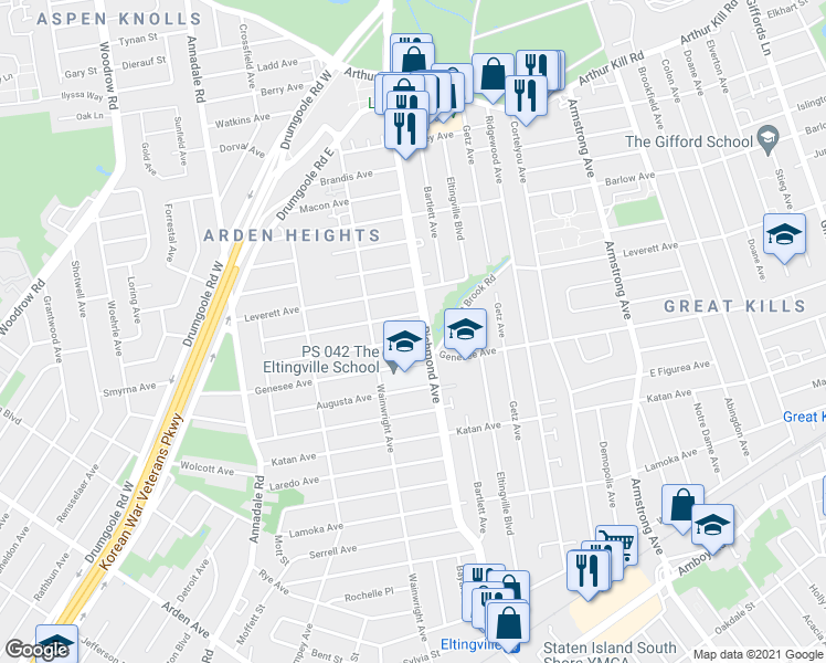 map of restaurants, bars, coffee shops, grocery stores, and more near 15 Stroud Avenue in Staten Island