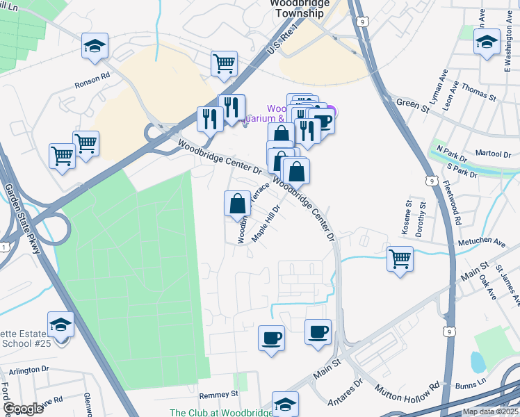 map of restaurants, bars, coffee shops, grocery stores, and more near 133 Woodbridge Terrace in Woodbridge Township