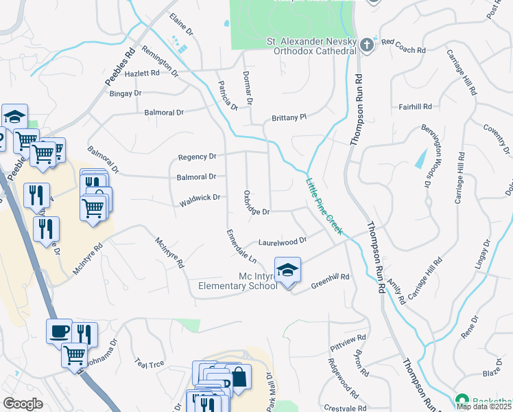 map of restaurants, bars, coffee shops, grocery stores, and more near 8028 Oxbridge Drive in Pittsburgh