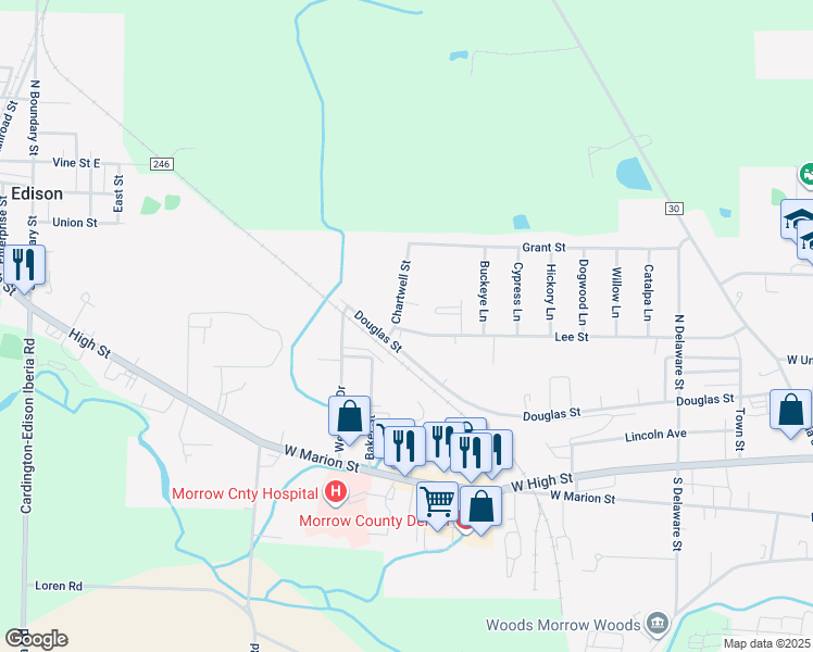 map of restaurants, bars, coffee shops, grocery stores, and more near 321 Chartwell Street in Mount Gilead