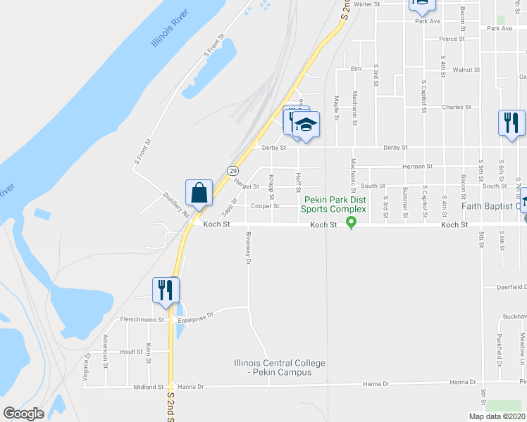 map of restaurants, bars, coffee shops, grocery stores, and more near 217 Cooper Street in Pekin