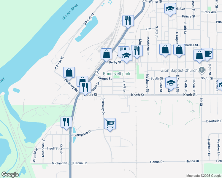 map of restaurants, bars, coffee shops, grocery stores, and more near 226 Cooper Street in Pekin