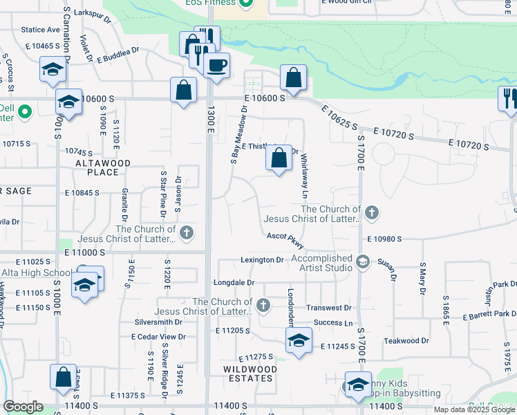 map of restaurants, bars, coffee shops, grocery stores, and more near 10865 South in Sandy
