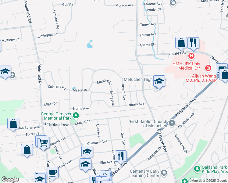 map of restaurants, bars, coffee shops, grocery stores, and more near 141 Mason Drive in Metuchen