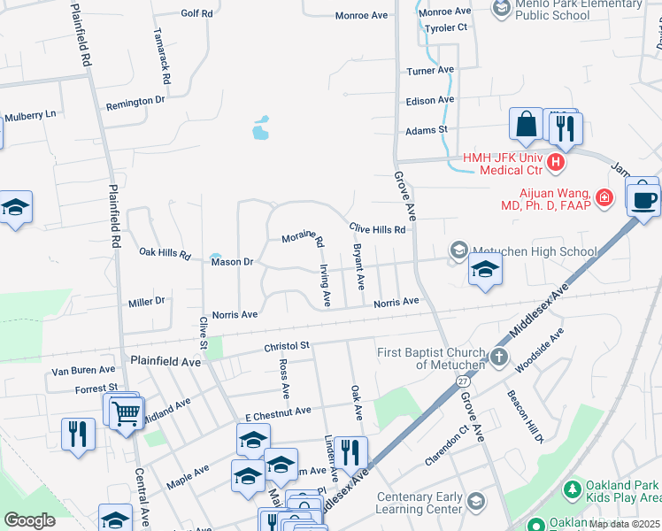 map of restaurants, bars, coffee shops, grocery stores, and more near 141 Mason Drive in Metuchen