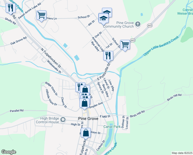 map of restaurants, bars, coffee shops, grocery stores, and more near 51 East Pottsville Street in Pine Grove