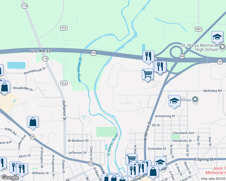 map of restaurants, bars, coffee shops, grocery stores, and more near 340 Miami Erie Circle in Saint Marys