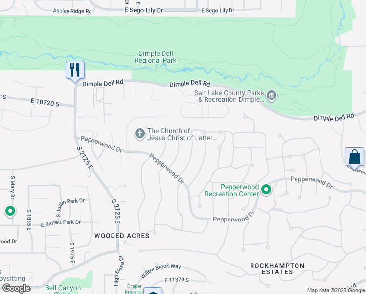 map of restaurants, bars, coffee shops, grocery stores, and more near 5 Quietwood Lane in Sandy