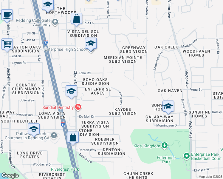 map of restaurants, bars, coffee shops, grocery stores, and more near 3635 Alma Avenue in Redding