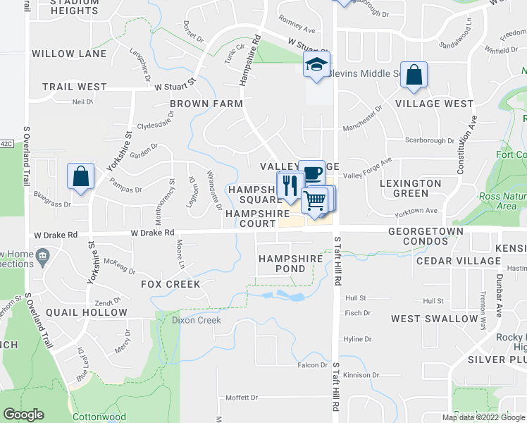 map of restaurants, bars, coffee shops, grocery stores, and more near 2312 Hampshire Court in Fort Collins