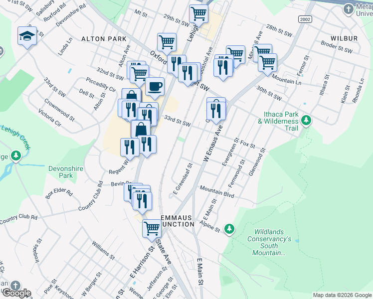 map of restaurants, bars, coffee shops, grocery stores, and more near 3343 Berger Street in Allentown
