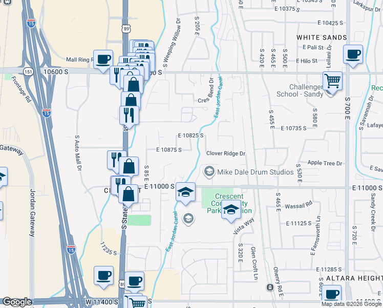 map of restaurants, bars, coffee shops, grocery stores, and more near 222 Clear Creek Drive in Sandy