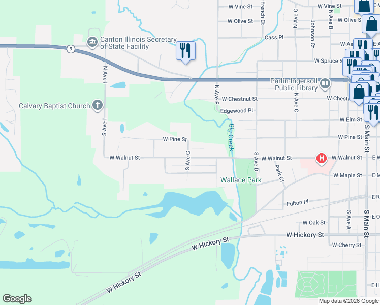 map of restaurants, bars, coffee shops, grocery stores, and more near 600-694 West Pine Street in Canton