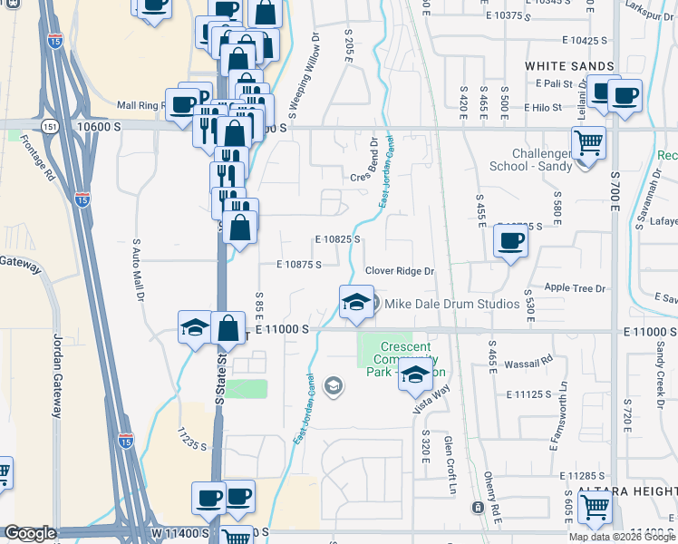 map of restaurants, bars, coffee shops, grocery stores, and more near 222 Clear Creek Drive in Sandy
