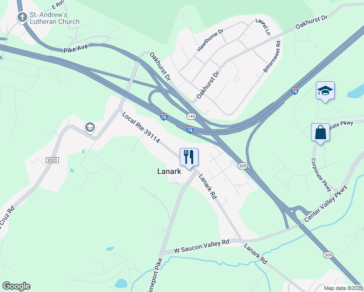 map of restaurants, bars, coffee shops, grocery stores, and more near 3475 Lanark Road in Coopersburg