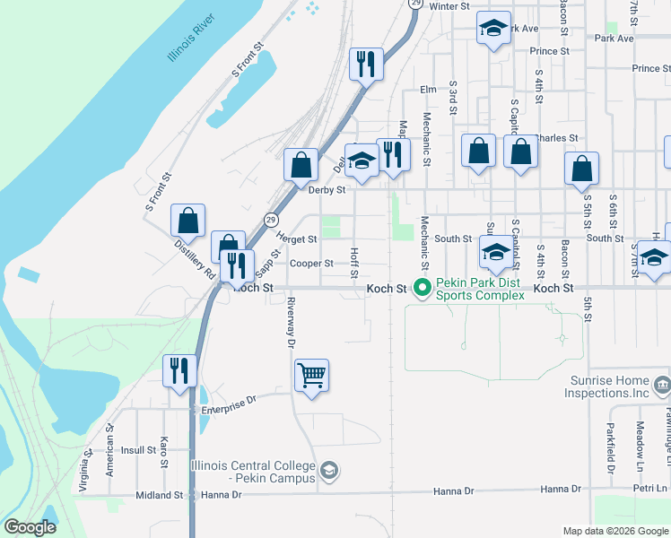 map of restaurants, bars, coffee shops, grocery stores, and more near 235 Cooper Street in Pekin