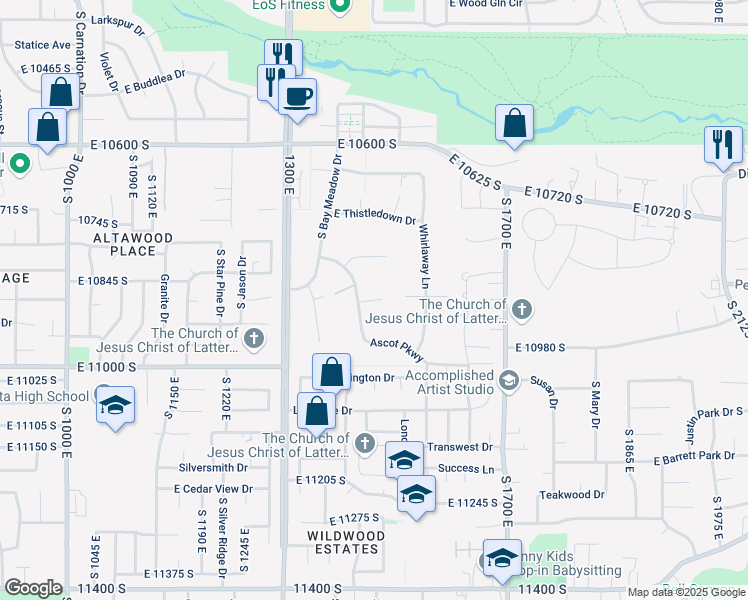 map of restaurants, bars, coffee shops, grocery stores, and more near 10865 South in Sandy