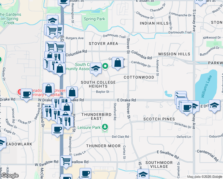 map of restaurants, bars, coffee shops, grocery stores, and more near 433 Princeton Road in Fort Collins