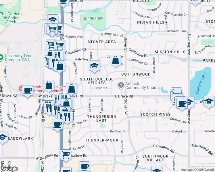 map of restaurants, bars, coffee shops, grocery stores, and more near 433 Princeton Road in Fort Collins